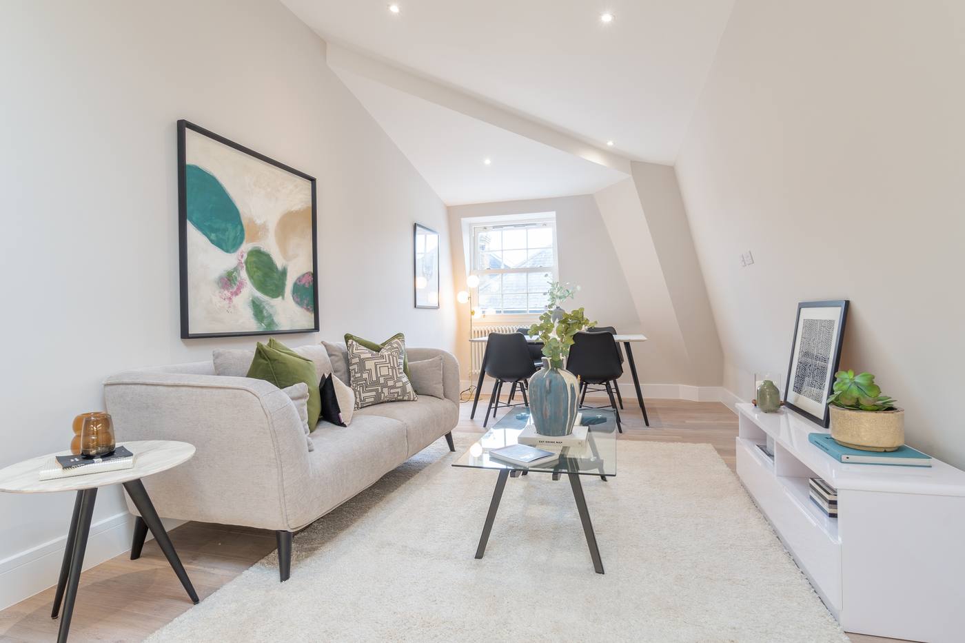 Loft living room with vaulted ceiling